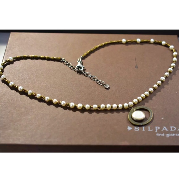 Silpada Vintage Go Coastal Pearl Brass & Sterling Silver Necklace 19" Adjustable - Picture 2 of 8
